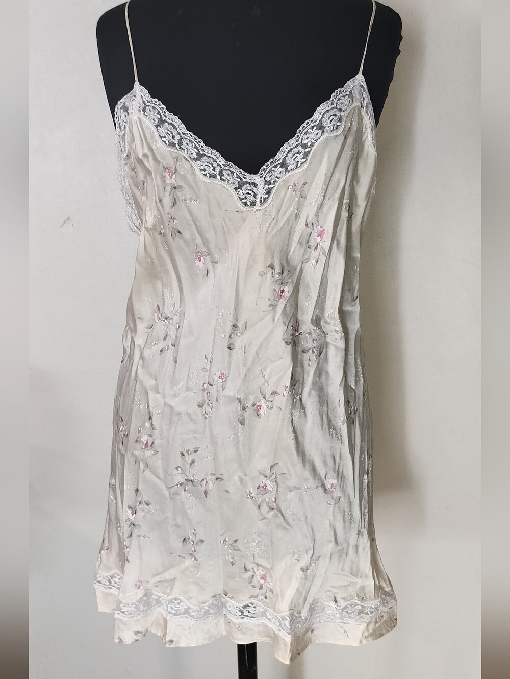 Floral Lace-Trim Silk Slip Dress - Cream with Pink Accents